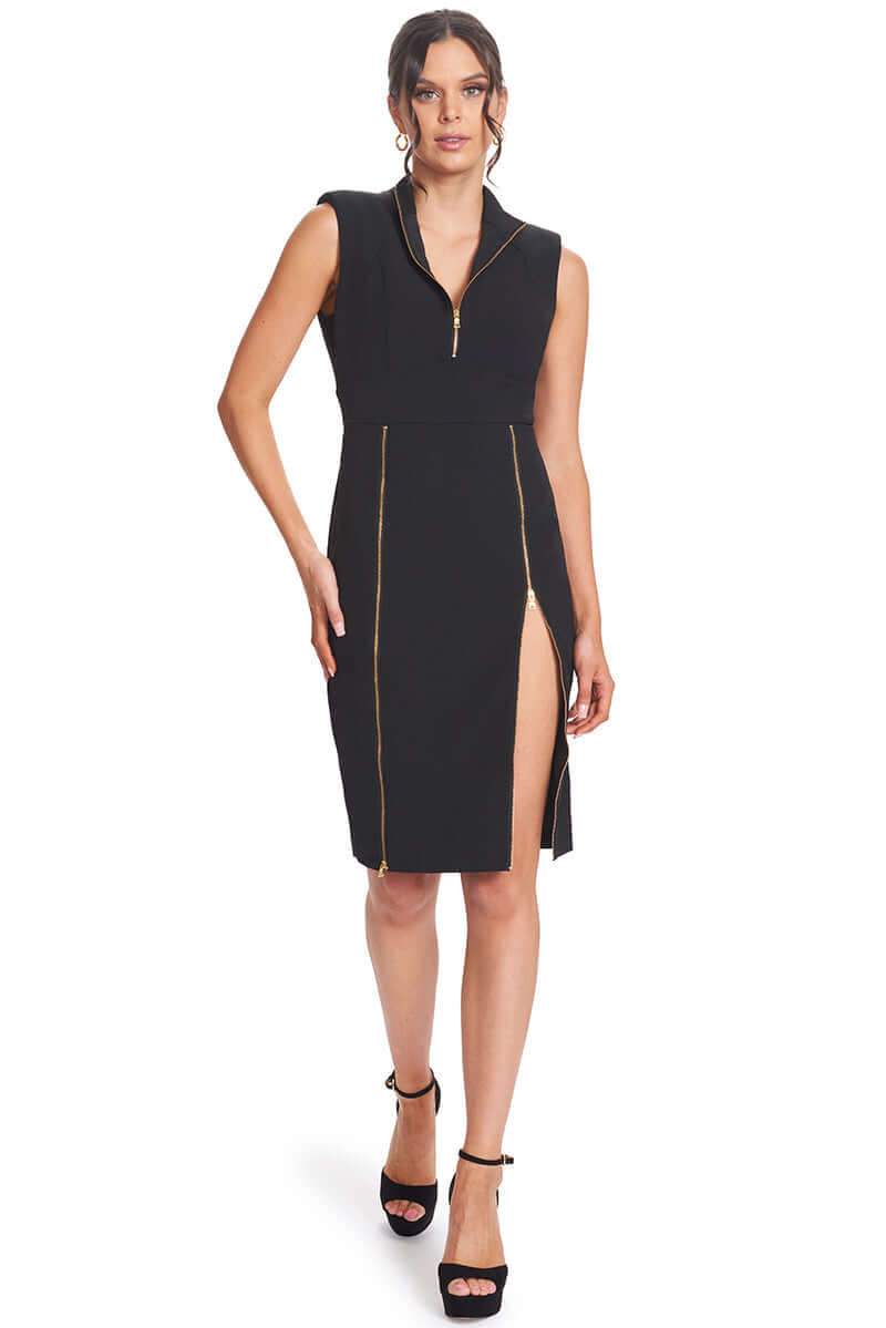 Just Zip It Dress - Sleeveless midi dress with exposed functional gold