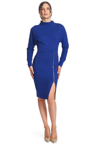 Josefa Asymmetric Dress - Long sleeve convertible midi dress with gold.