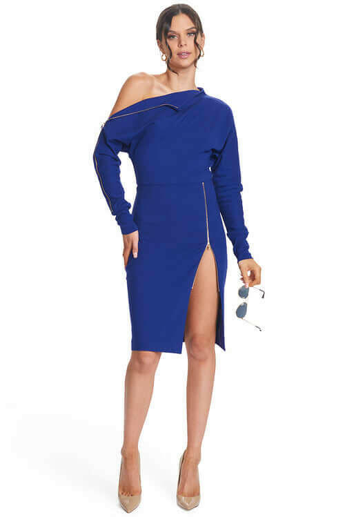 Josefa Asymmetric Dress - Long sleeve convertible midi dress with gold.