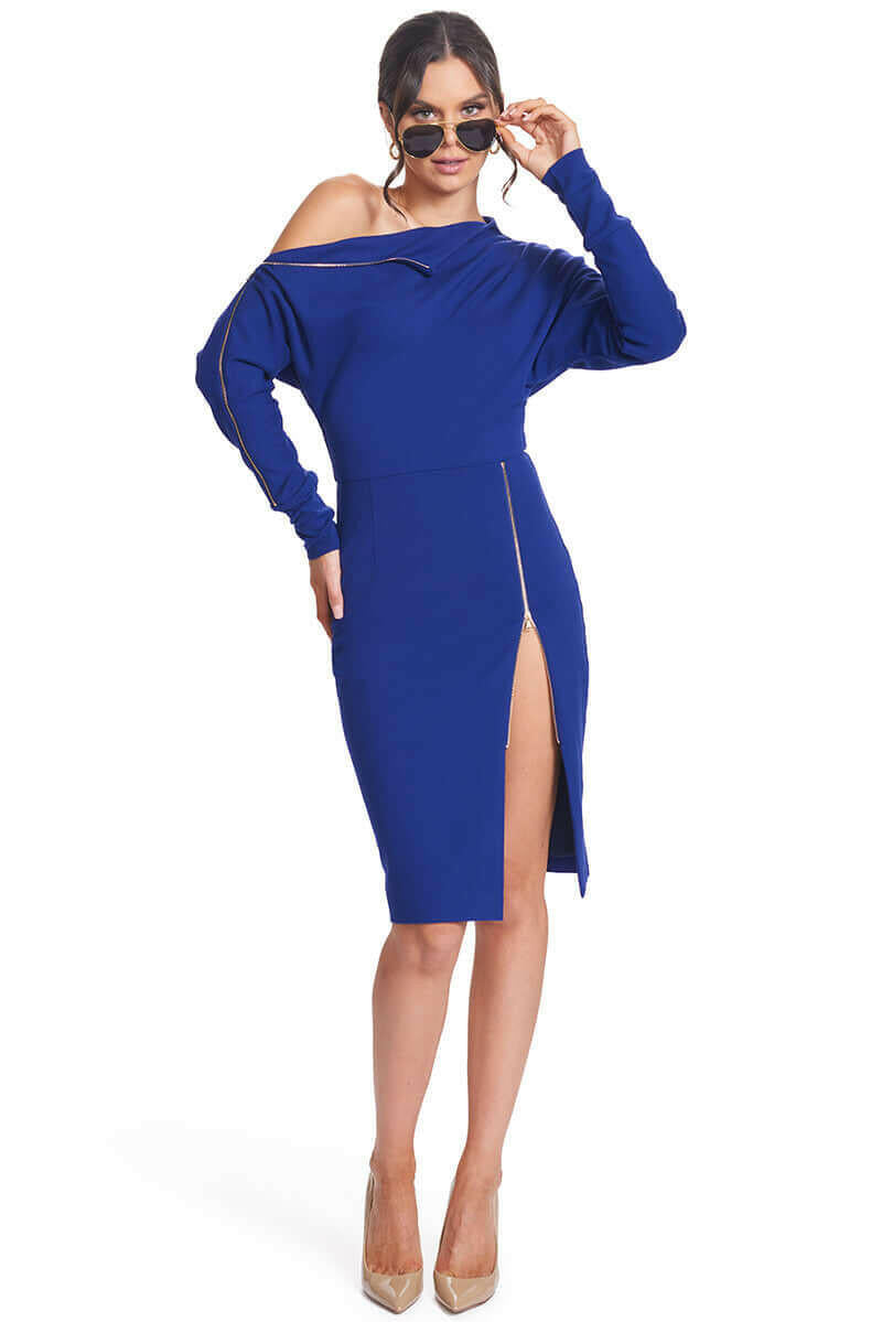 Josefa Asymmetric Dress - Long sleeve convertible midi dress with gold.