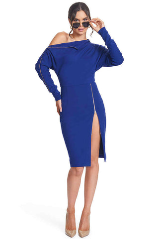 Josefa Asymmetric Dress - Long sleeve convertible midi dress with gold.