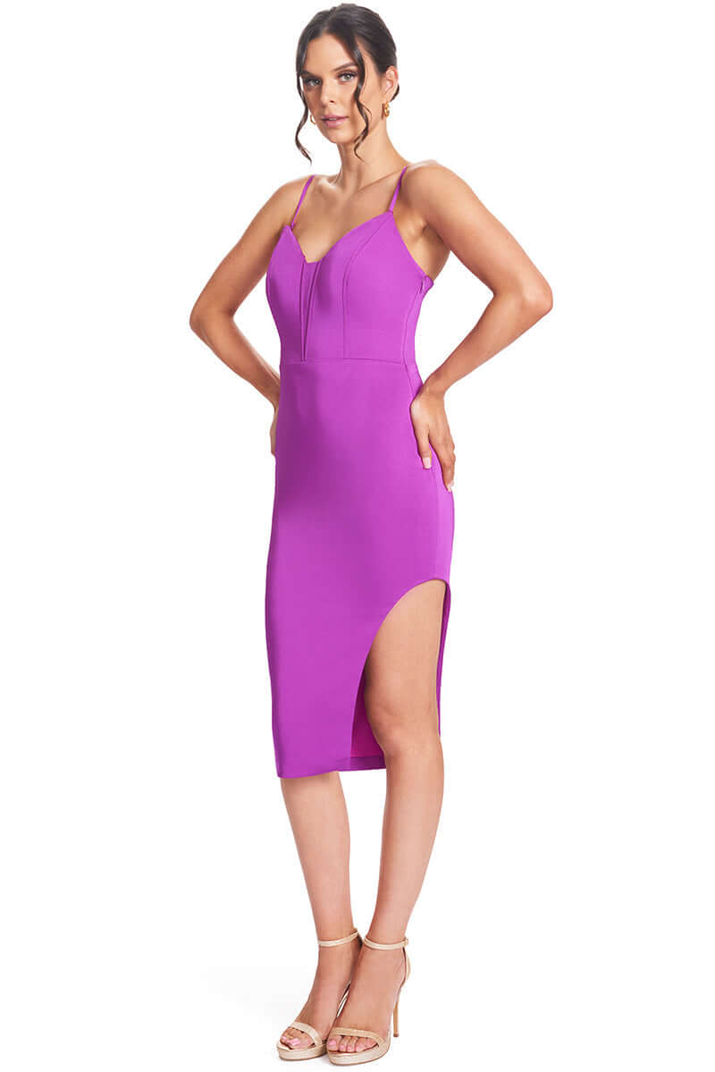 Vava Voom Dress - Pointed bodice satin midi body-con dress with side