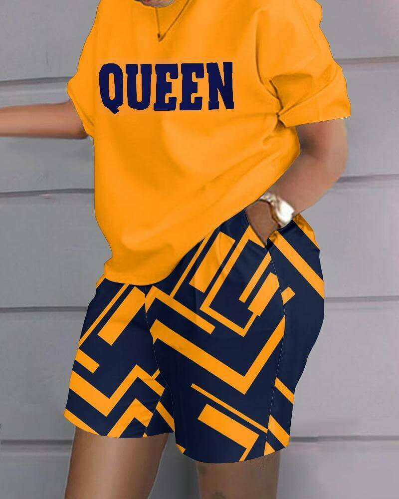 Sports Style Loose Print Tshirt Shorts Two Piece Suit Women