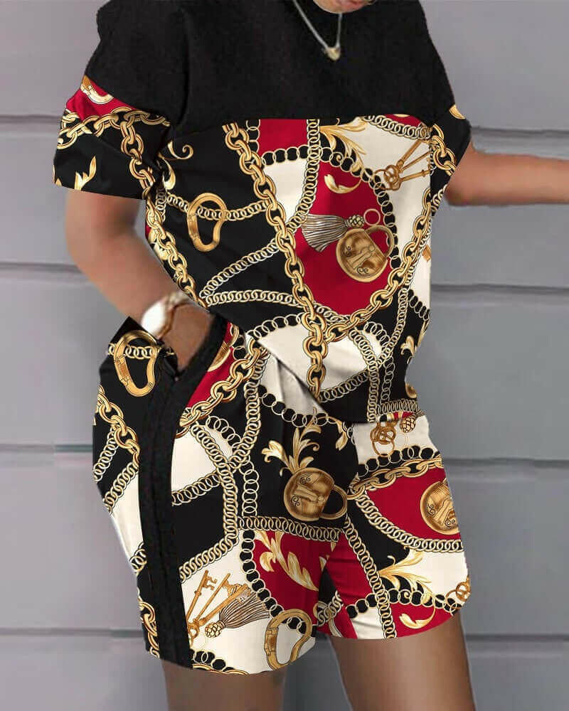 Sports Style Loose Print Tshirt Shorts Two Piece Suit Women