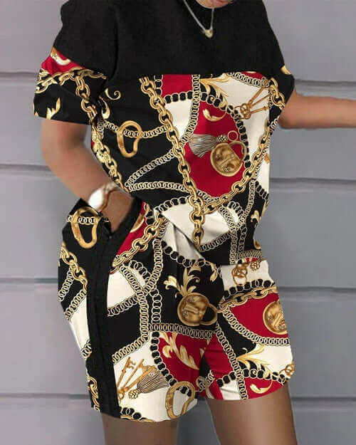 Sports Style Loose Print Tshirt Shorts Two Piece Suit Women