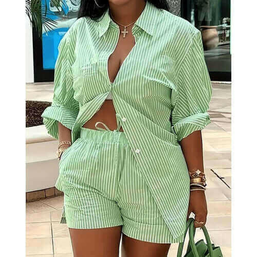 Two Pieces Blazer and Shorts Set  Striped Shirt Shorts Set Suit