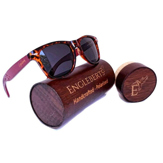 Red Bamboo Tortoise Framed Sunglasses With Wood Case, Artisan Engraved.