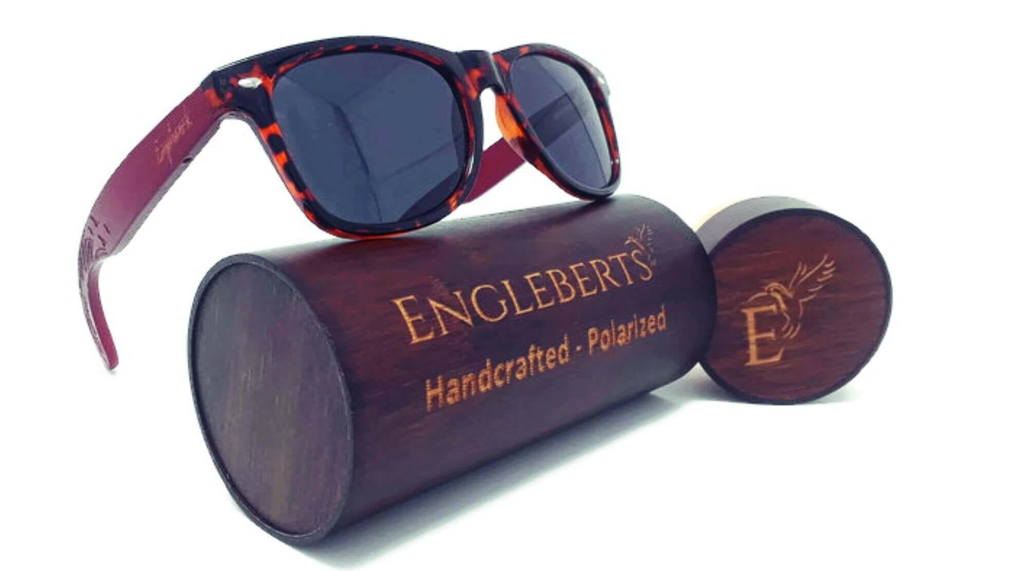 Red Bamboo Tortoise Framed Sunglasses With Wood Case, Artisan Engraved.