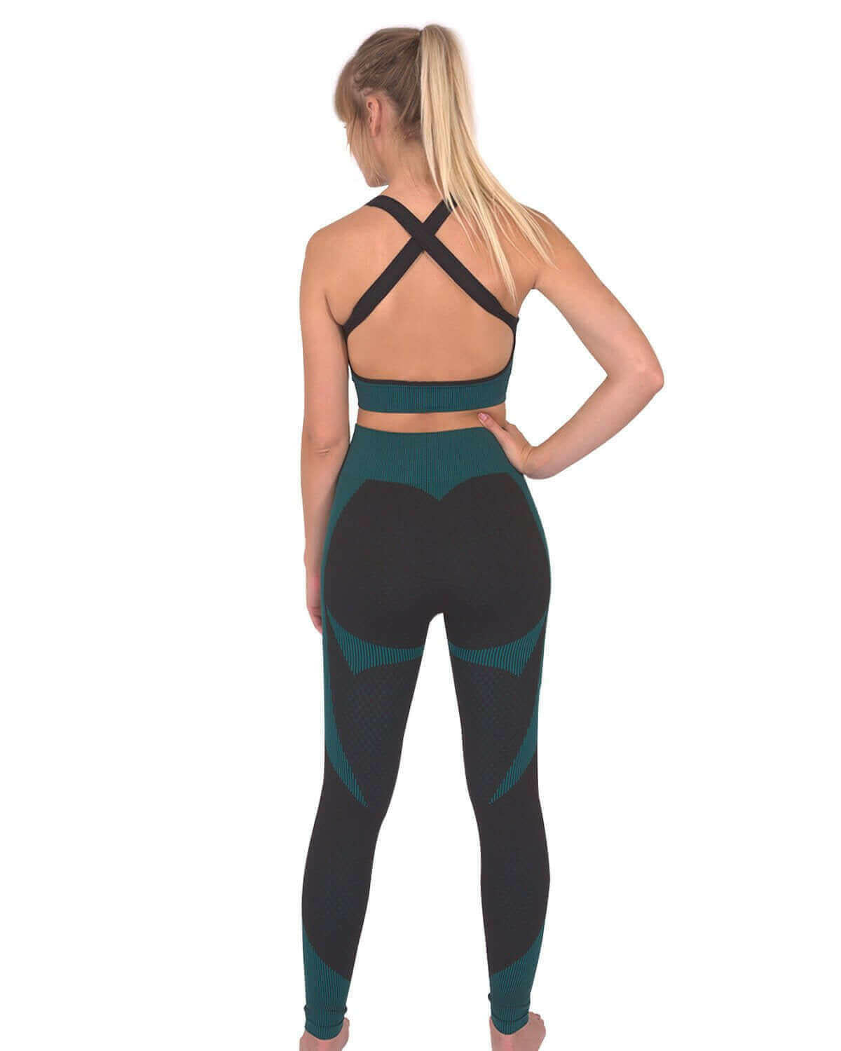 Trois Seamless Leggings & Sports Top 2 Set - Black with Teal Blue.