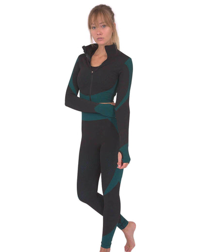 Trois Seamless Leggings &amp; Sports Top 2 Set - Black with Teal Blue
