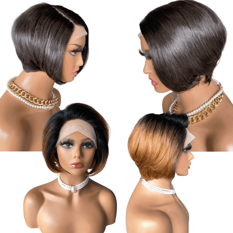 Ombre Short Bob Pixie Cut 13x4x1 T Lace Front Straight Human Hair Wigs