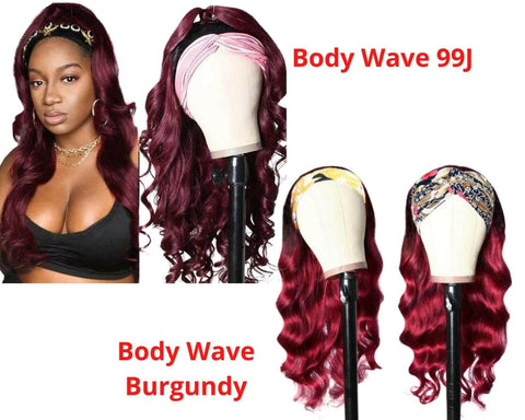 Burgundy Headband Body Wave Human Hair Wig #99J  Scarf Wig No GLUE Eas.