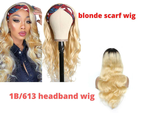 Body Wave #1B/613 Headband Human Hair Wigs For Black Women Blonde Scar.