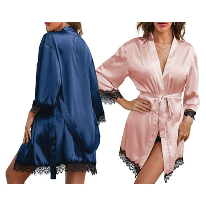 Women's Four-Piece Lace-Trimmed Satin Pajama Set.