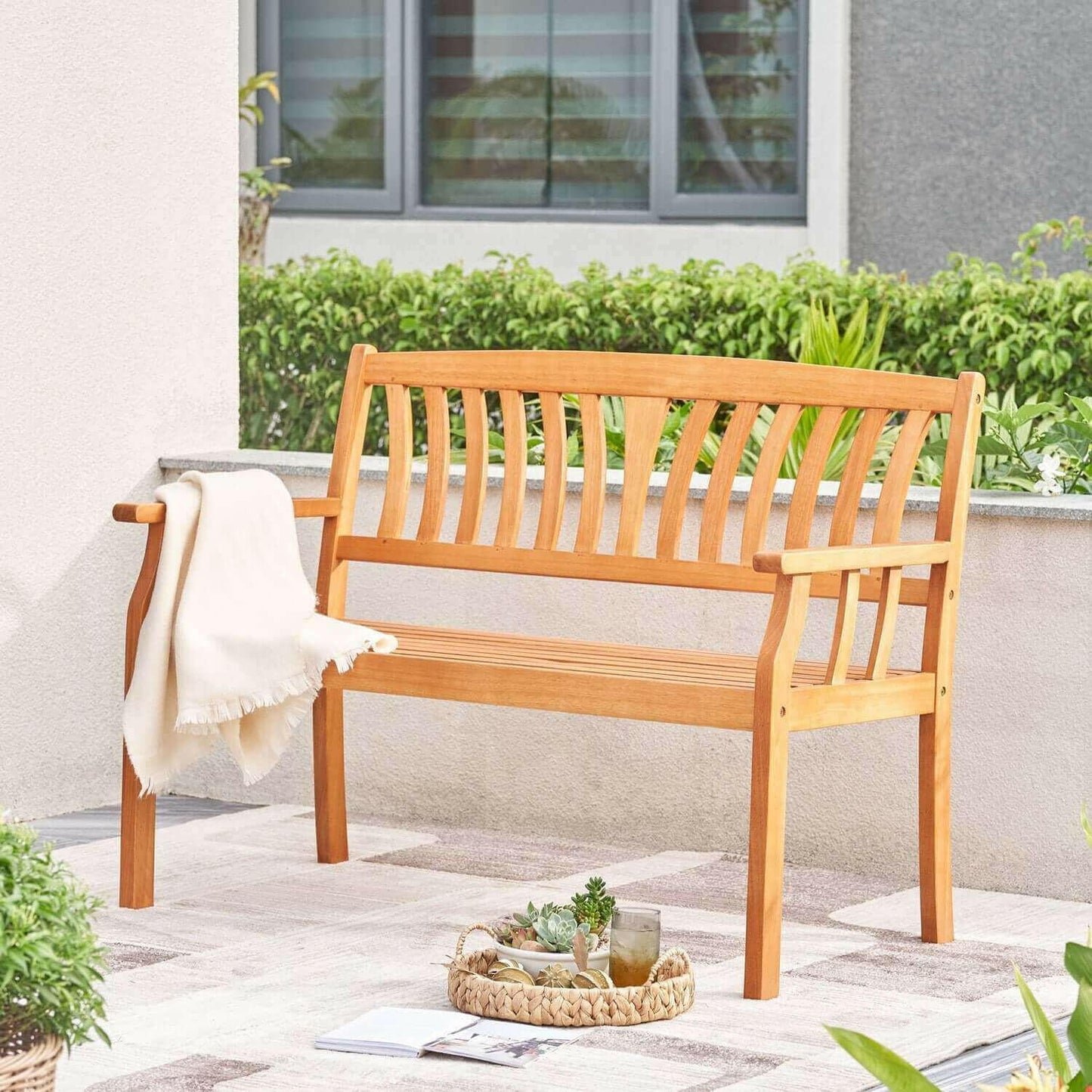 Vifah Kapalua Honey Nautical Eucalyptus Wooden Outdoor Garden Bench.