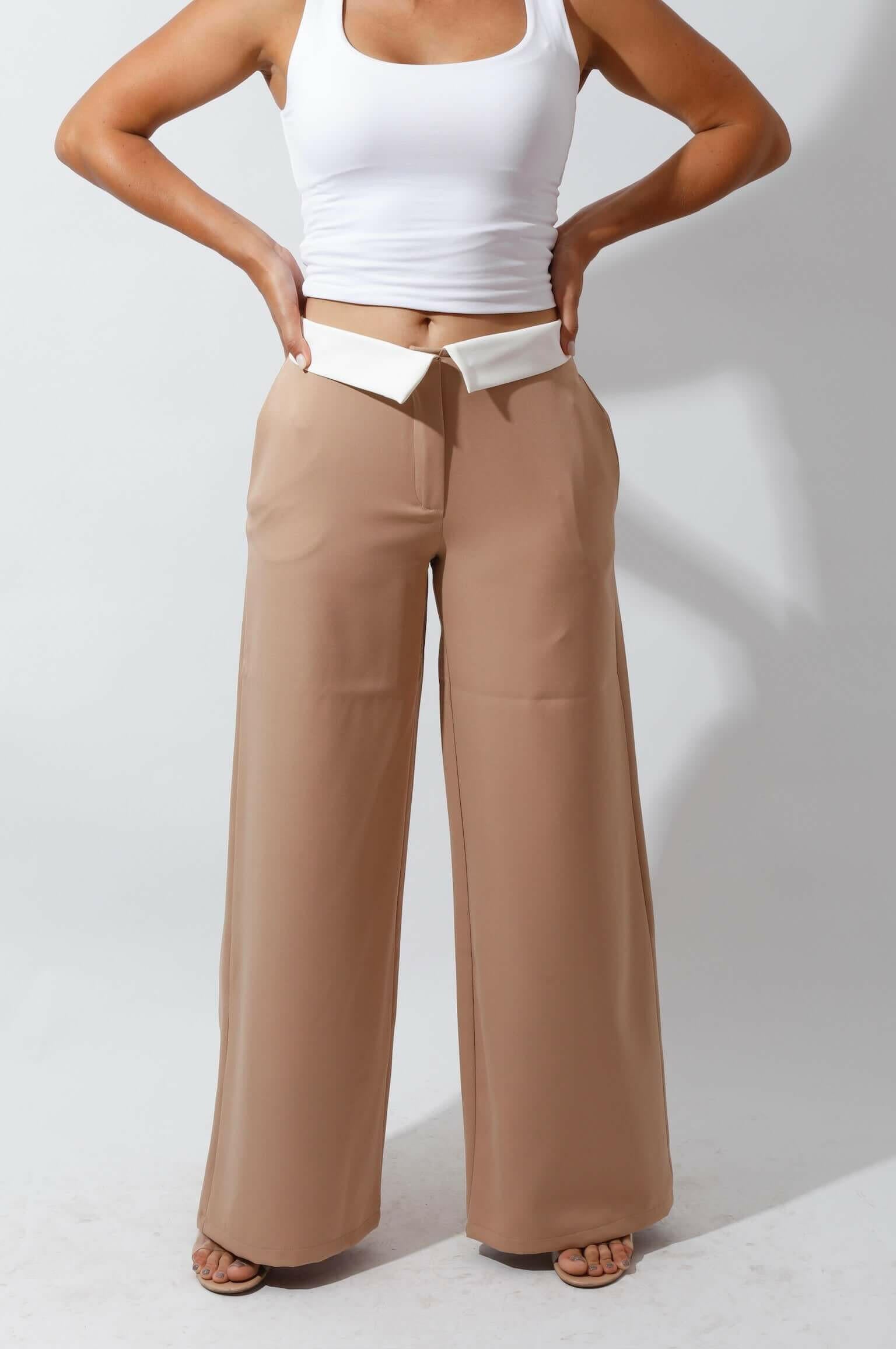 Reversed Waistband Wide Leg Pants - Beige.