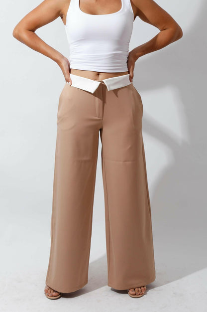 Reversed Waistband Wide Leg Pants - Beige