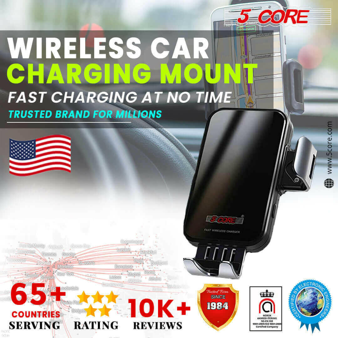 5 Core Wireless Car Charger Mount, 15W Qi USB Fast Charging Auto