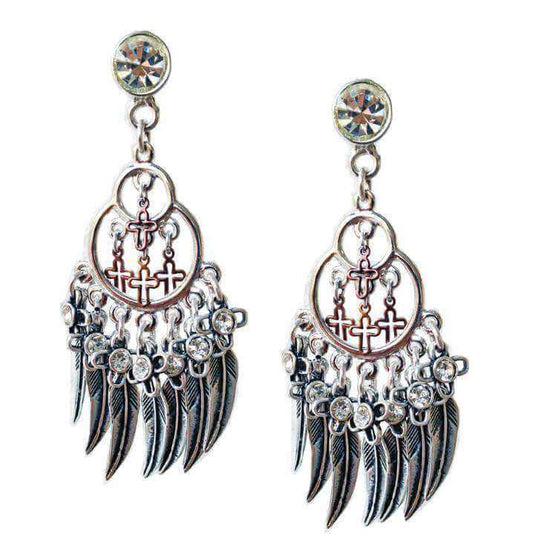 Chandelier earrings with feathers, crosses, Swarovski crystals and