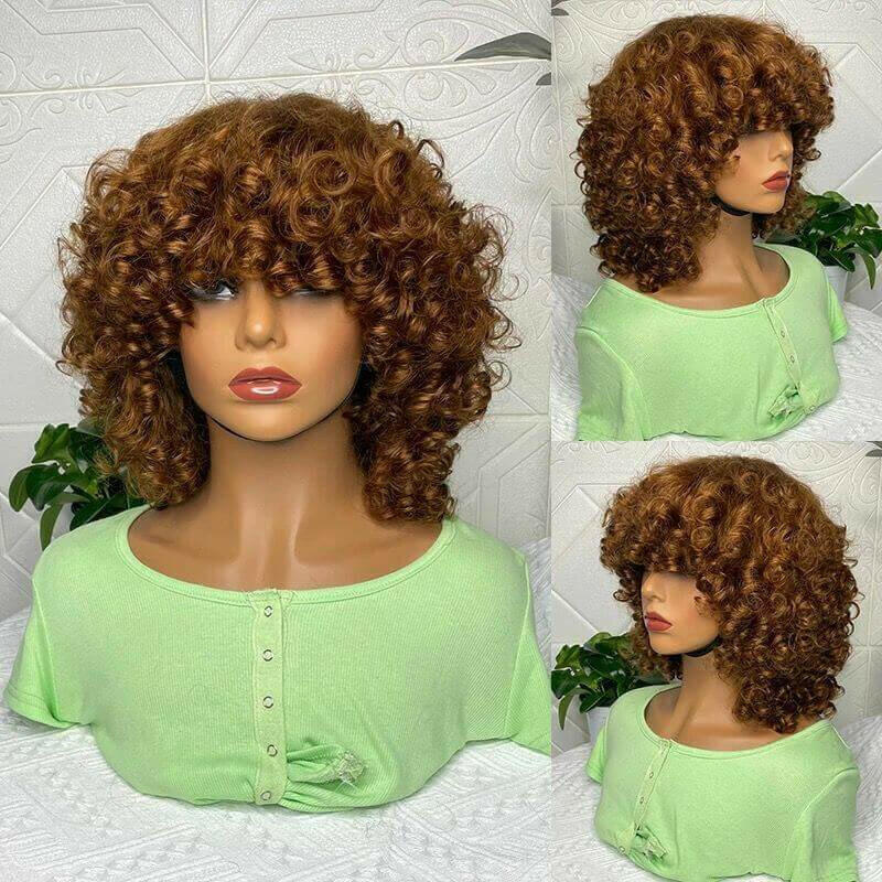 180% Density Rose Curly Short Bob Wig with Bangs Human Hair Brazilian.