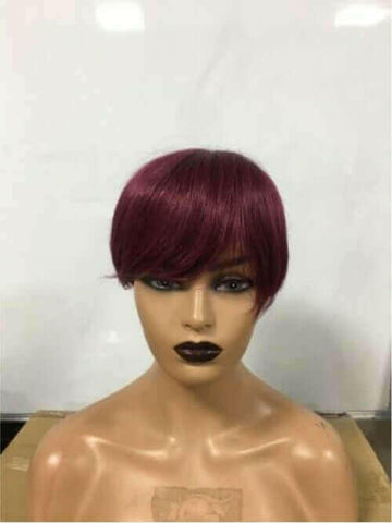 6inch #Burg Pixie Short Cut 100% Straight Human Hair Wig with Bangs Br.