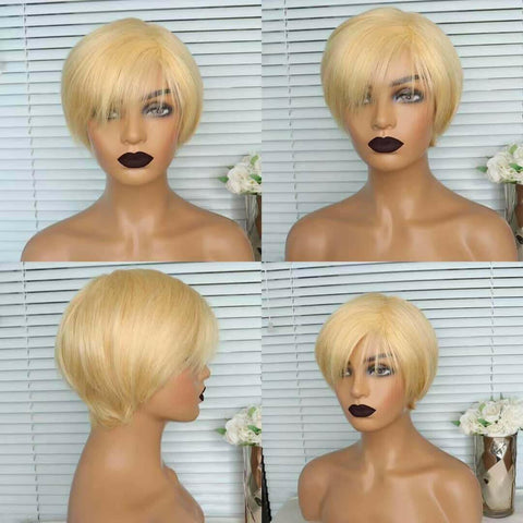 6inch #Burg Pixie Short Cut 100% Straight Human Hair Wig with Bangs Br.