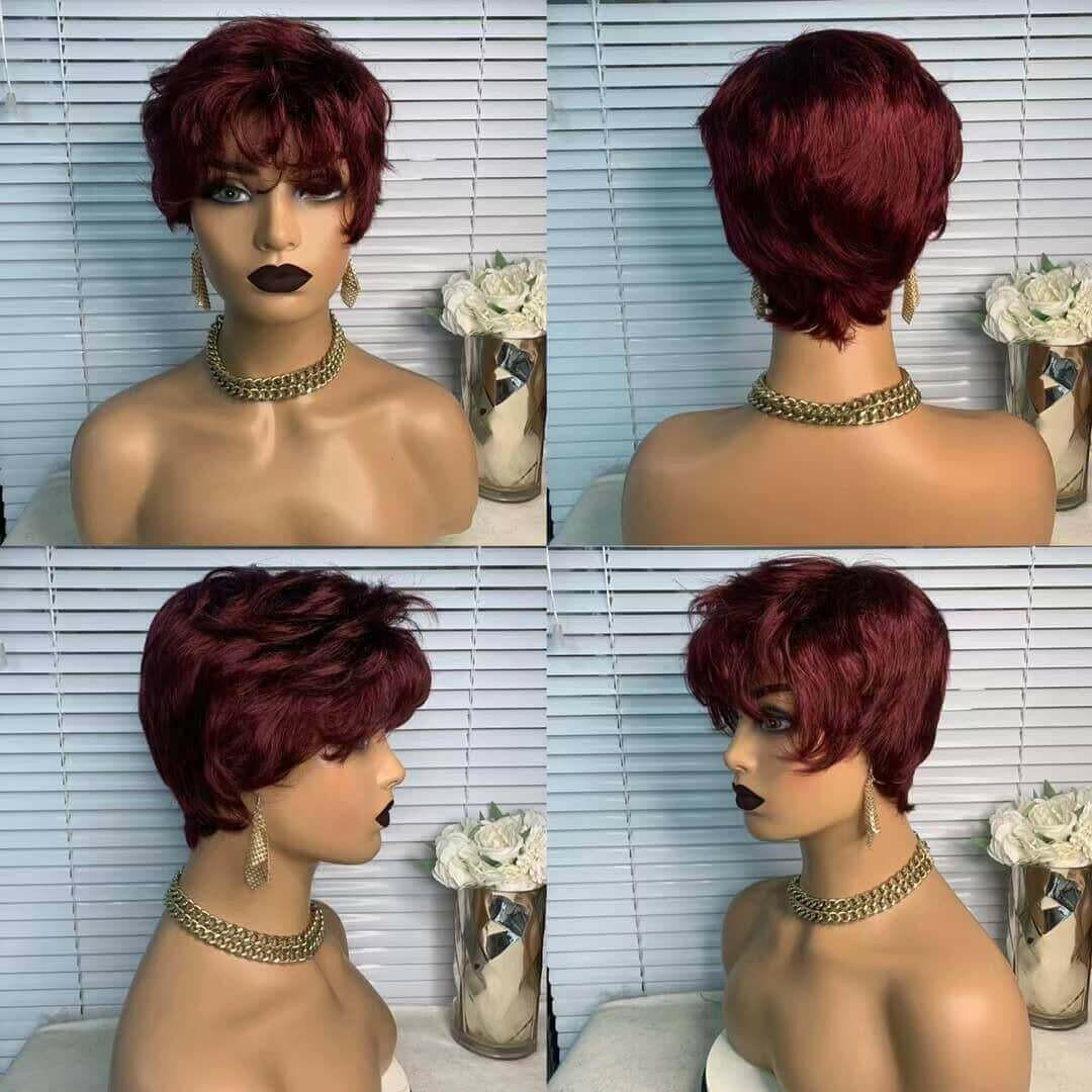 6inch #Burg Pixie Short Cut 100% Straight Human Hair Wig with Bangs Br.