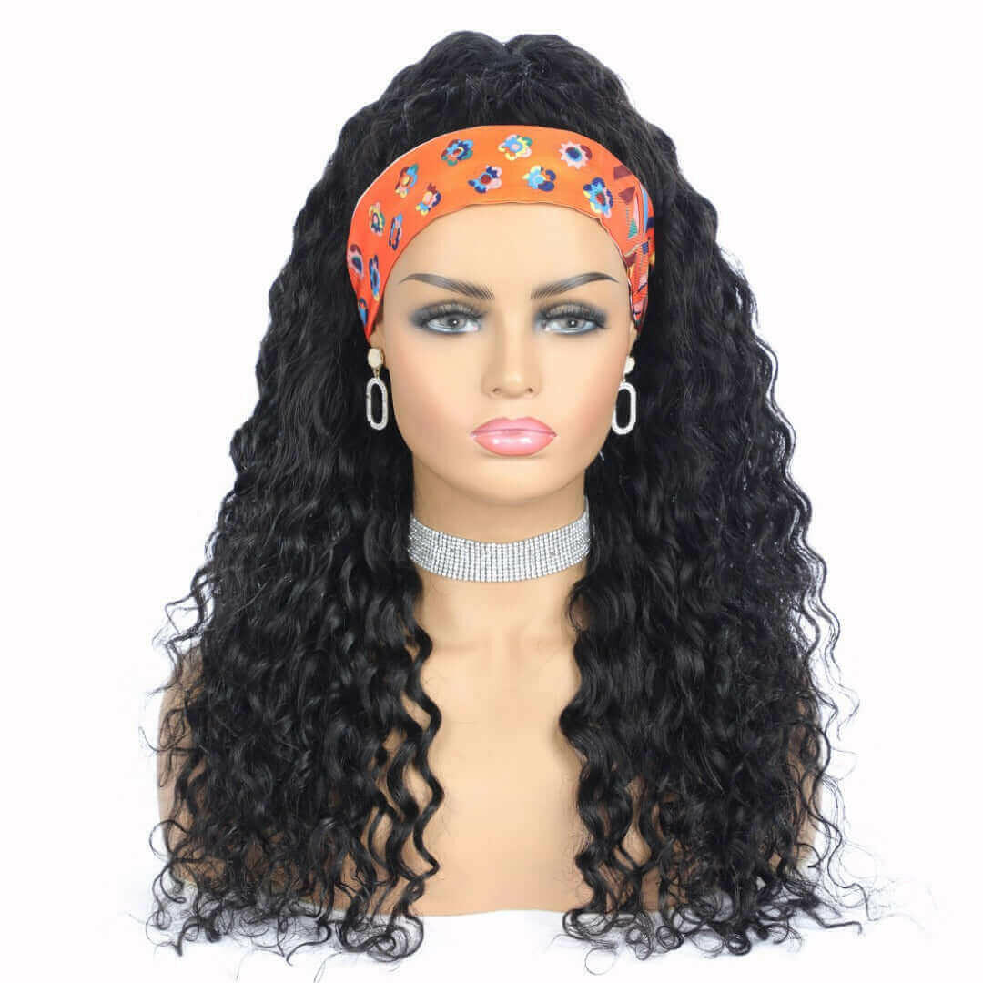 Headband Wig Water Wave Human Hair Scarf Wig No GLUE Easy Wear.