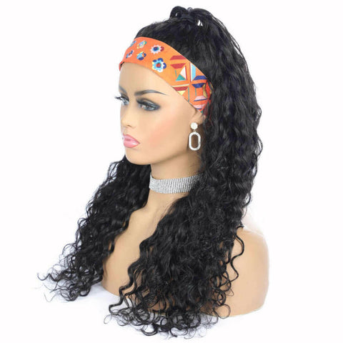 Headband Wig Water Wave Human Hair Scarf Wig No GLUE Easy Wear.