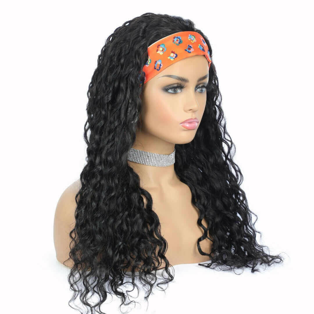 Headband Wig Water Wave Human Hair Scarf Wig No GLUE Easy Wear.