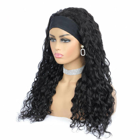 Headband Wig Water Wave Human Hair Scarf Wig No GLUE Easy Wear.