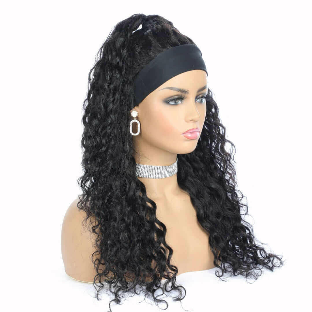 Headband Wig Water Wave Human Hair Scarf Wig No GLUE Easy Wear.