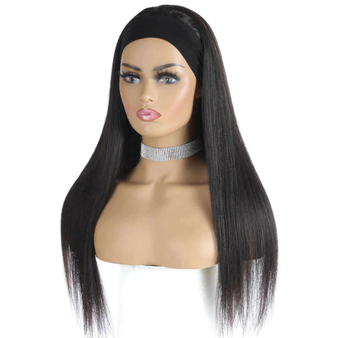 Headband Wig Straight Human Hair Scarf Wig No GLUE Easy Wear for Women.