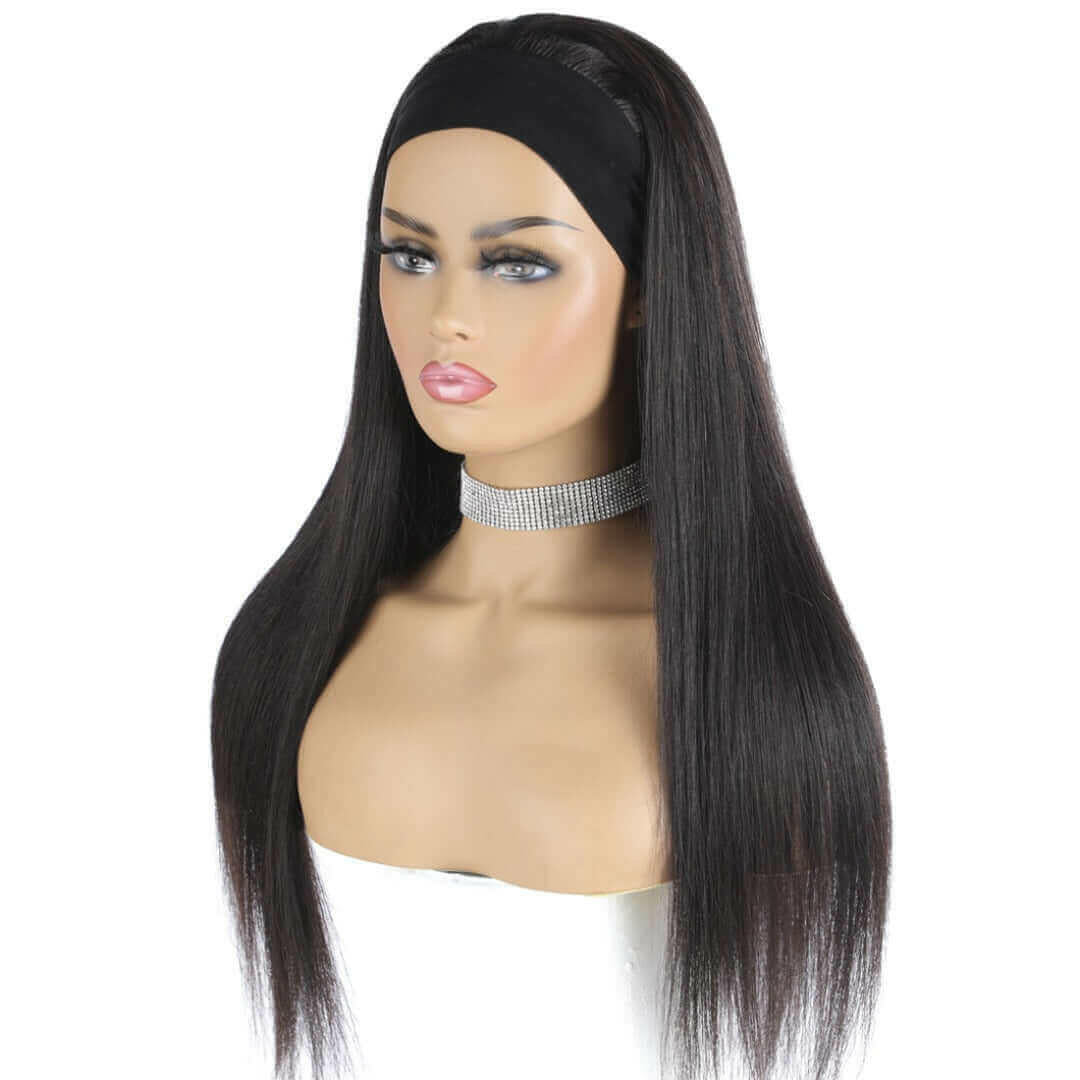 Headband Wig Straight Human Hair Scarf Wig No GLUE Easy Wear for Women.