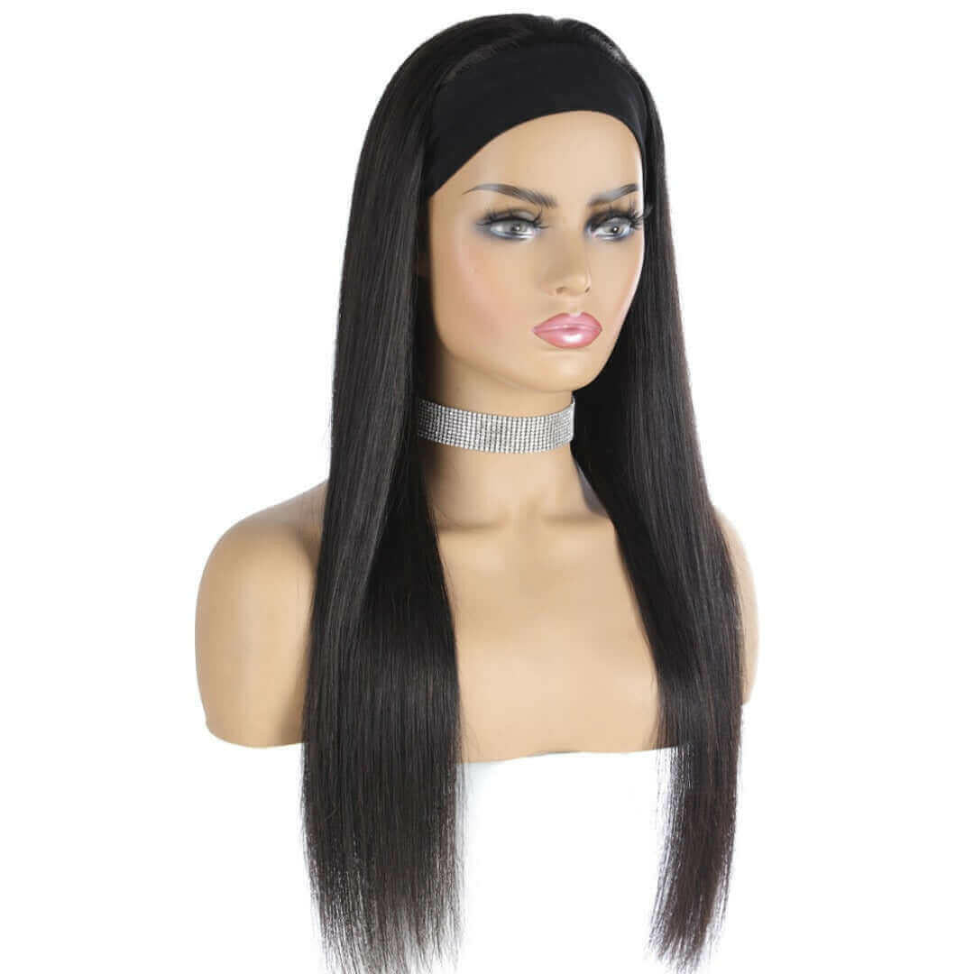 Headband Wig Straight Human Hair Scarf Wig No GLUE Easy Wear for Women.