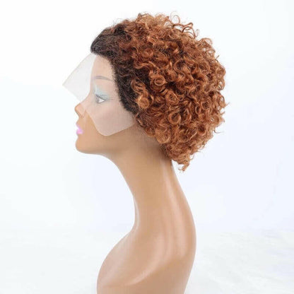 Ombre Short Pixie Cut 13x4x1 T Lace Front Curly Human Hair Wigs 8 Inch.