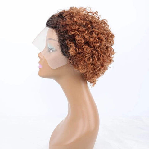 Ombre Short Pixie Cut 13x4x1 T Lace Front Curly Human Hair Wigs 8 Inch