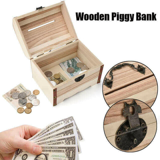 Wooden Piggy Bank Safe Money Box Savings With Lock.