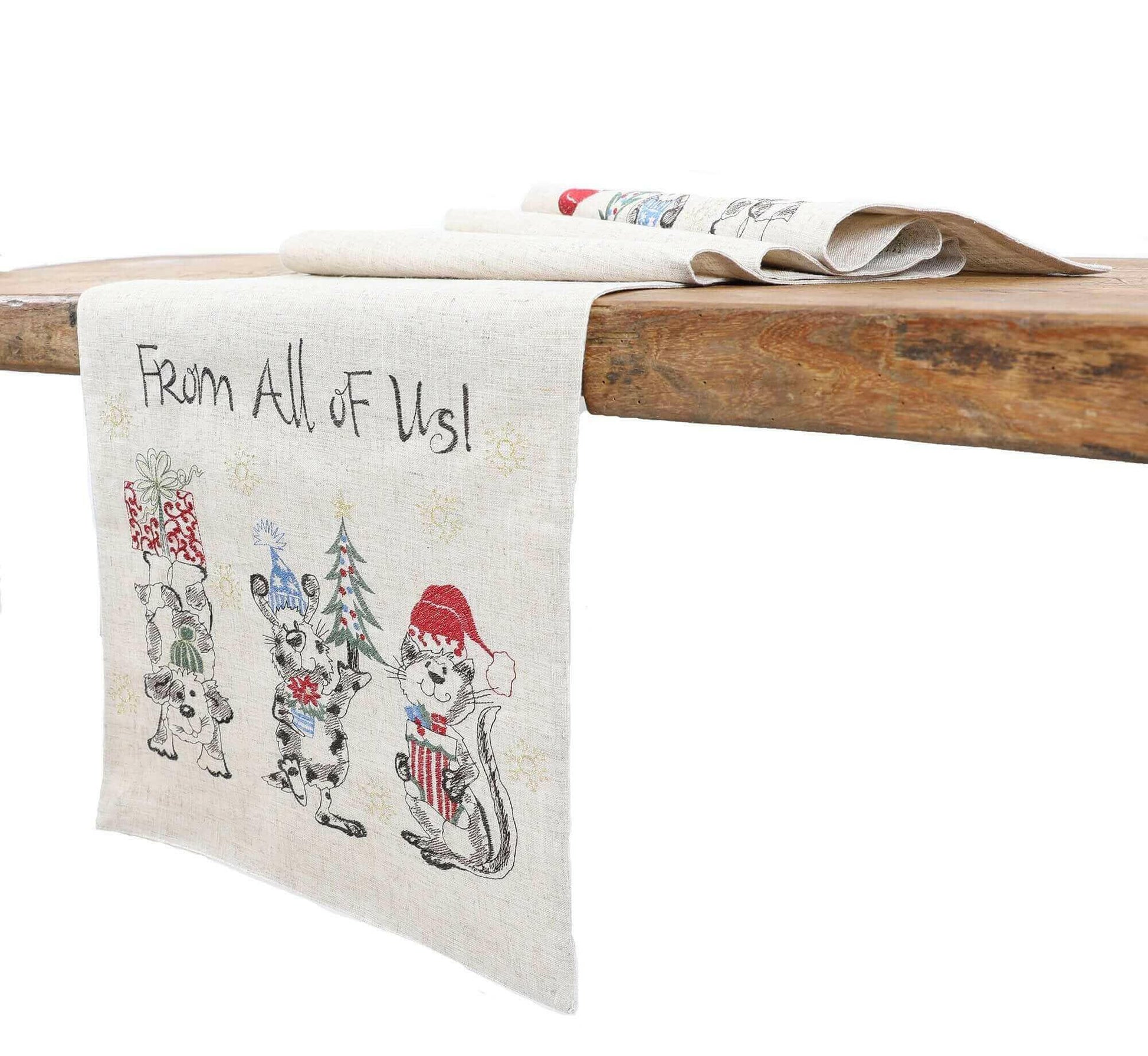 XD19813-Animal's Fun Holiday Party Embroidered Table Runner.