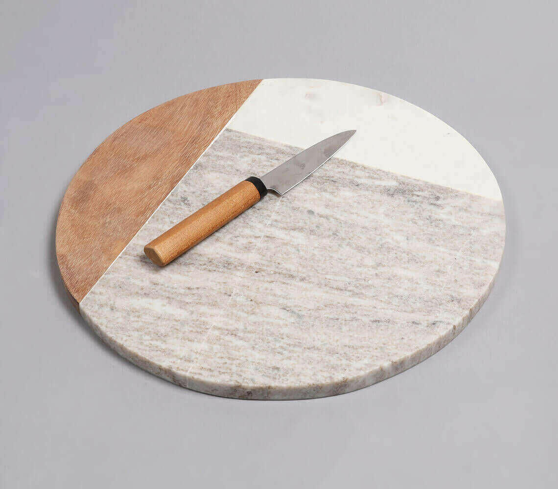 Marble &amp; Acacia Wood Colorblock Round Chopping Board