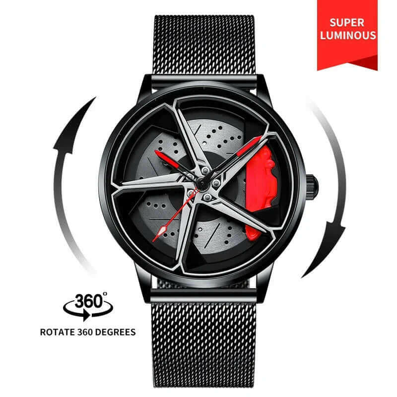 Men's Sports Car Wheel Hub Watch - Water Resistant, Rotating Rim Design