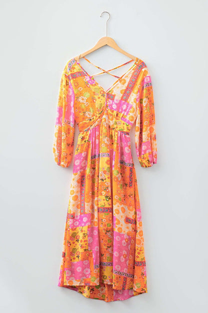 Floral Patchwork Cut-Out Tied Back Maxi Dress