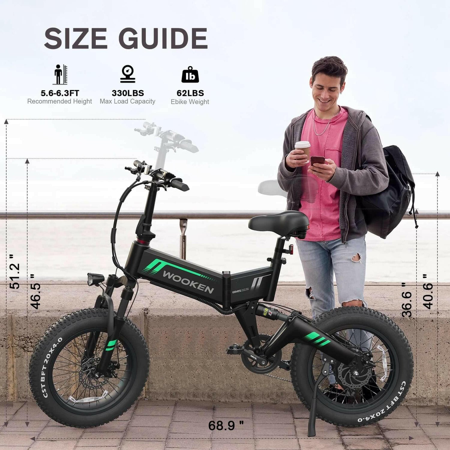 20&quot;X4.0 Fat Tire Electric Bike for Adults, 500W Foldable Electric Bicycle with 48V 10Ah Built-In Battery, Shimano 7 Speed, Dual Shock Absorber
