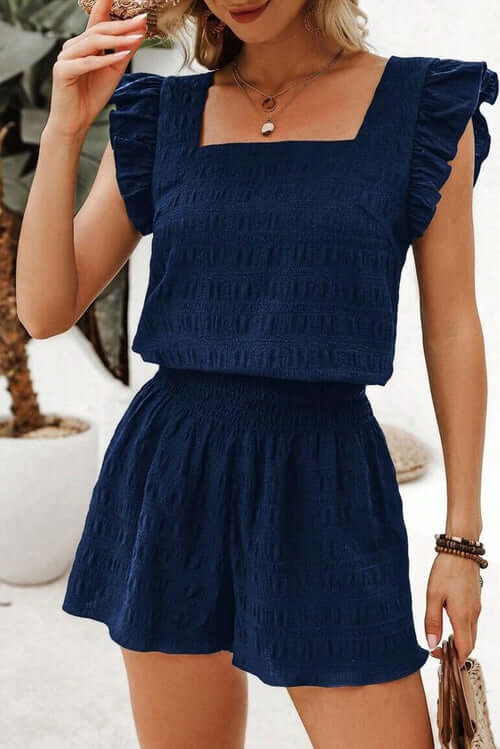 Textured Square Neck Top &amp; High Waist Shorts Set
