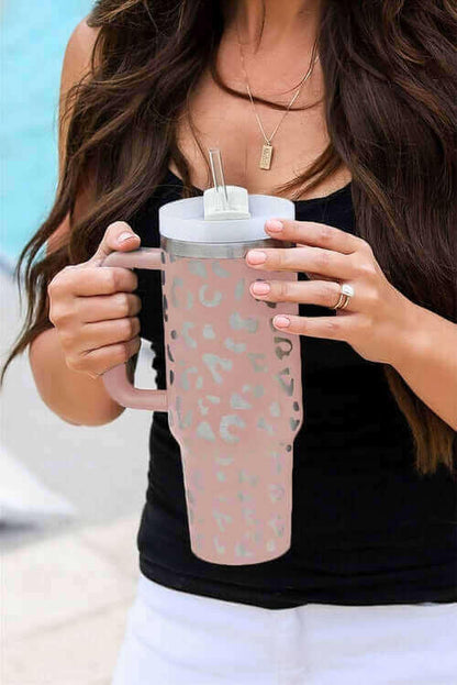 White Leopard Print 40OZ Stainless Steel Portable Cup with Handle.