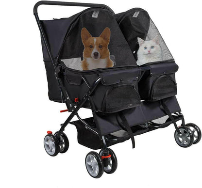 Double Pet Stroller, Foldable Double Dog Stroller for 2 Dogs Cats with 4 Wheels, Twin Walk Jogger Travel Pet Carriage Cart with Storage, Black