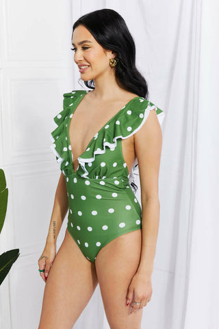 Marina West Swim Moonlit Dip Ruffle Plunge Swimsuit in Mid Green.