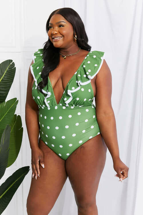 Marina West Swim Moonlit Dip Ruffle Plunge Swimsuit in Mid Green.