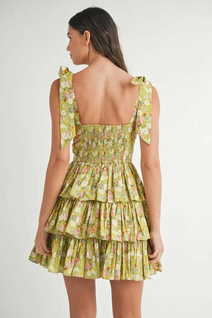 MABLE Floral Print Shoulder Tie Layered Mini Dress