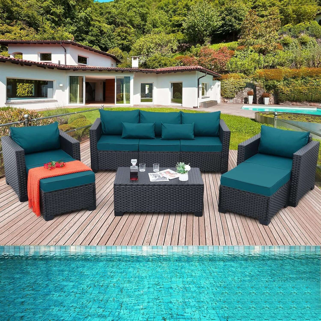 Patio Furniture Set 6 Pieces Peacock Blue Cushions Included